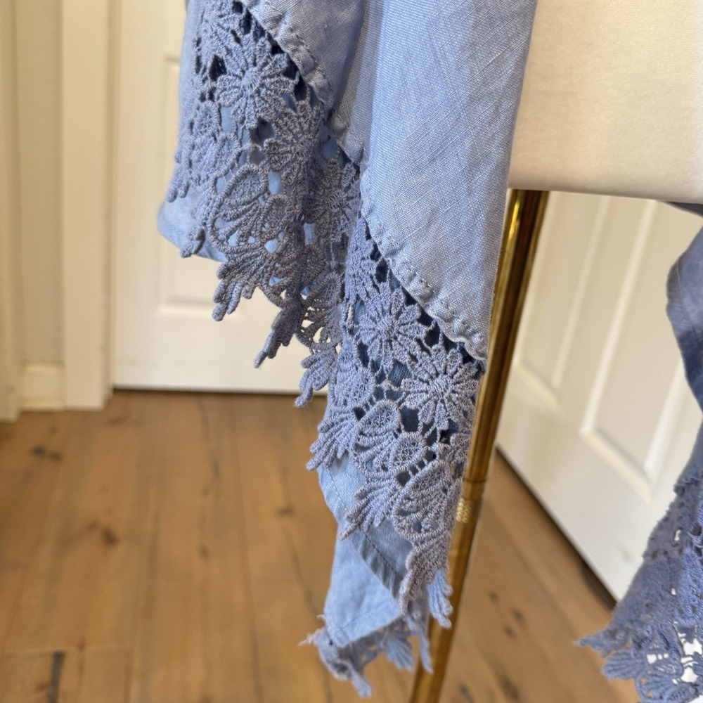 Ruby Rd Blue 100%‎ Linen Vest Open Wrap Waterfall Crochet Coastal Beachy Sz PM - Picture 2 of 7
